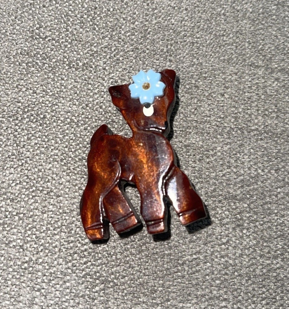 Vintage Wood Hand Carved Fawn Baby Deer Wearing Blue Lucite Flower Brooch Pin
