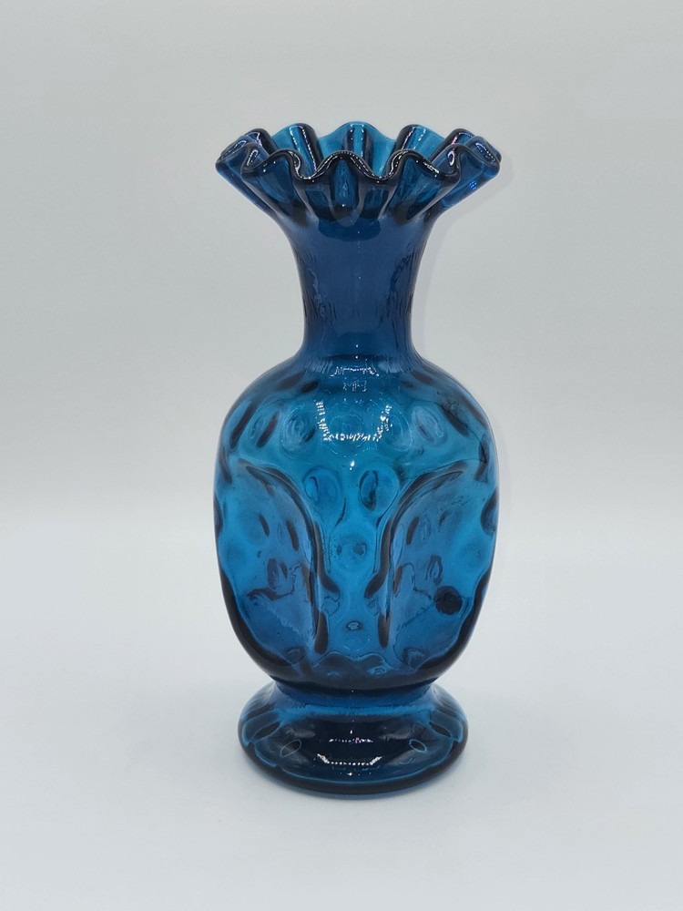 Fenton Jamestown Blue Coin Dot Art Glass Vase Ruffled Rim