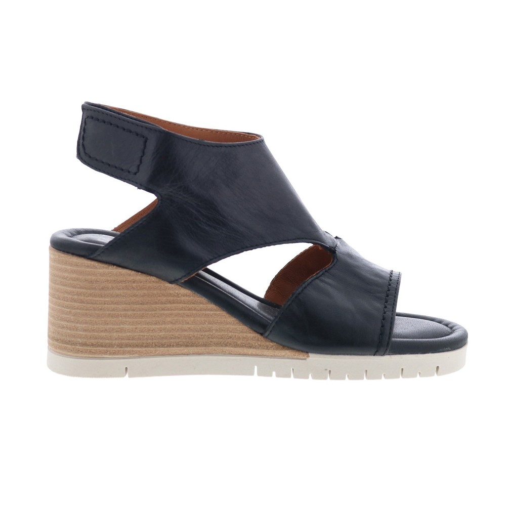 Miz Mooz Meredyth Womens Black Leather Strap Wedges Sandals Shoes
