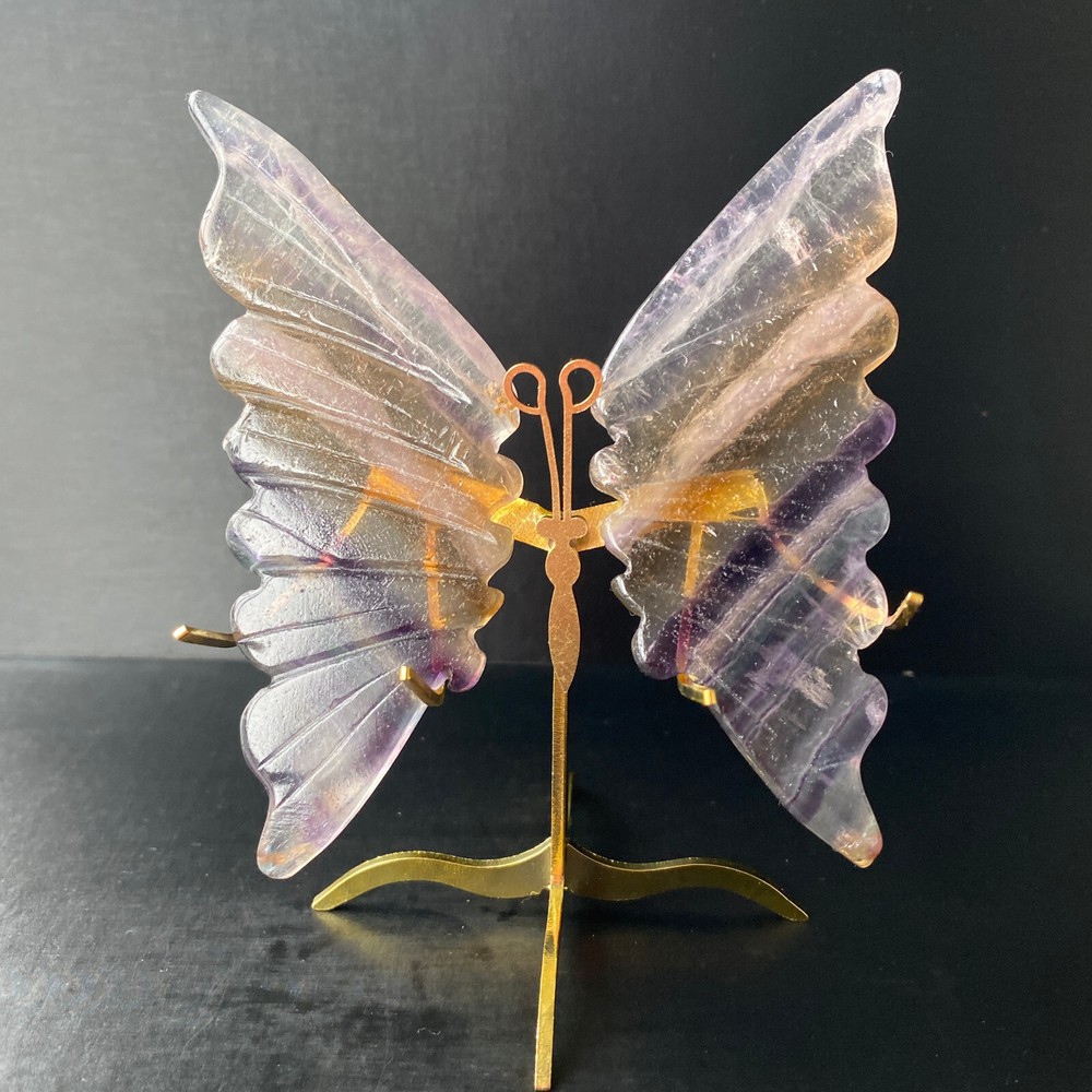 133G Natural Crystal Fluorite Butterfly Wings Healing Statue Decor + Stand