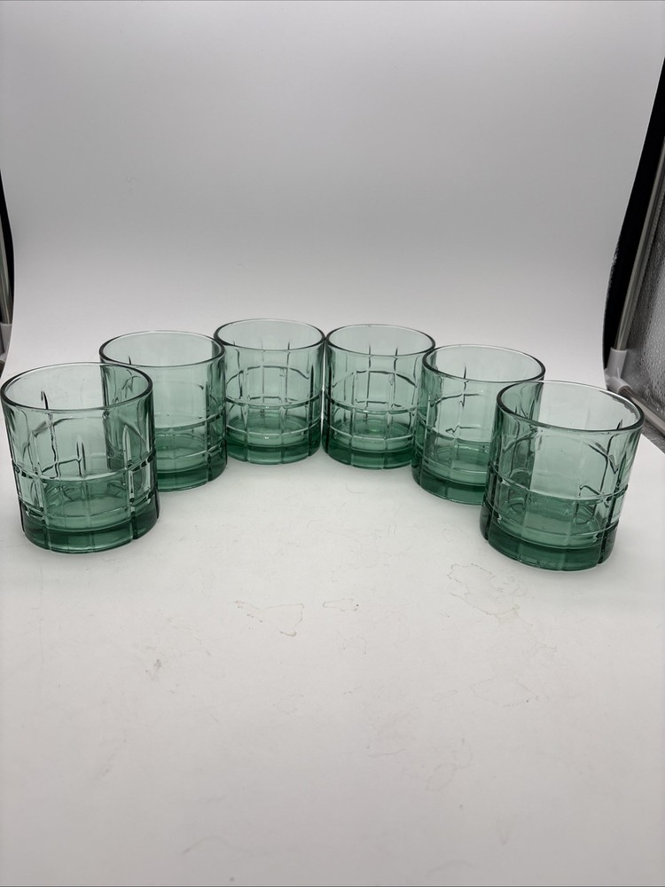 6 Vintage Anchor Hocking Tartan Green Whiskey Rocks Glasses Lowball 3.5 x 3 1/4”