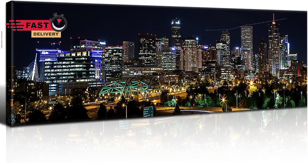 Black Night Denver Skyline Wall Art Colorado City Poster for Living Room USA Cit