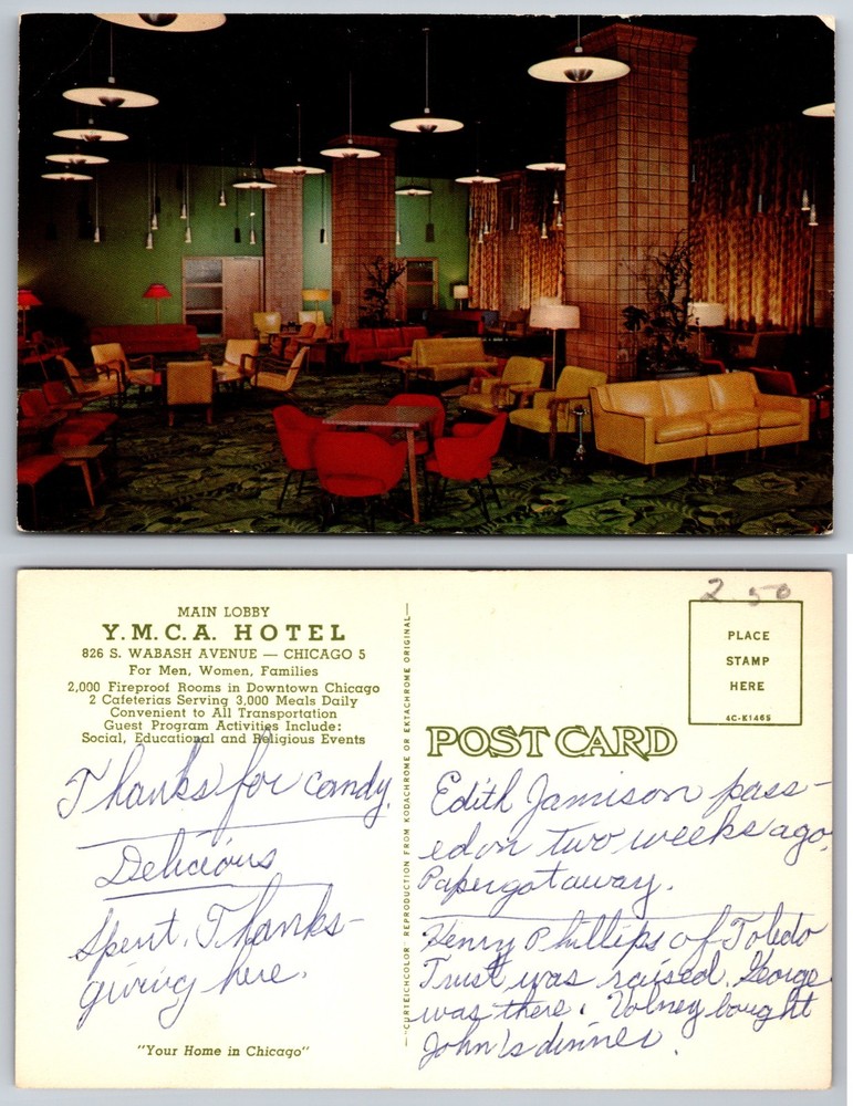 Main Lobby YMCA Hotel Chicago Postcard