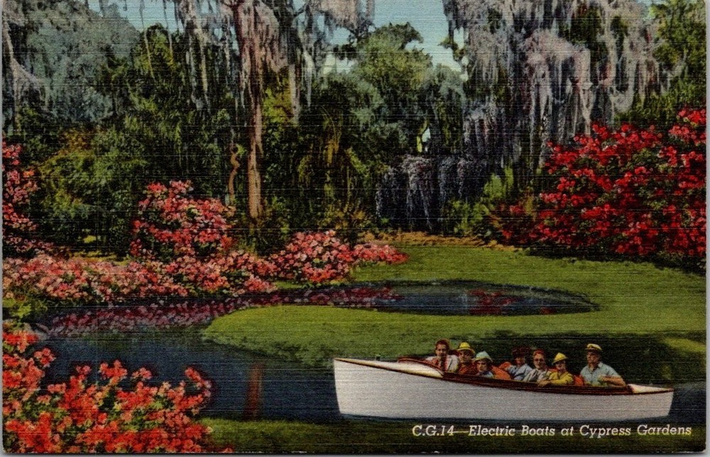 Cypress Gardens FL Electric Boats Linen Postcard Vintage Florida Azaleas