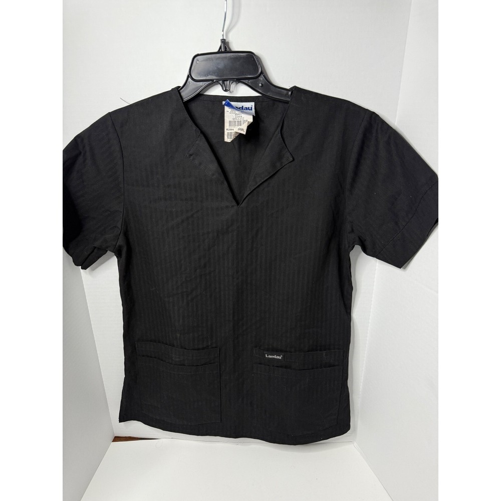 Landau V-Neck Short Sleeve Scrub Top Black Size S USA-Made Work Uniform