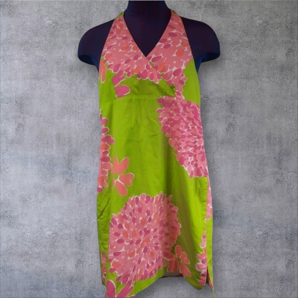 Vintage Lilly Pulitzer Halter Sun Dress Green & Pink Floral Size 12 Kids Girls