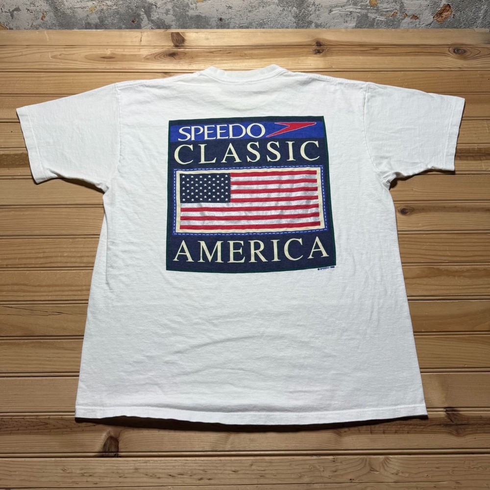 Vintage 1996 Speedo Classic America USA Flag Swimming Sports Graphic Shirt Large