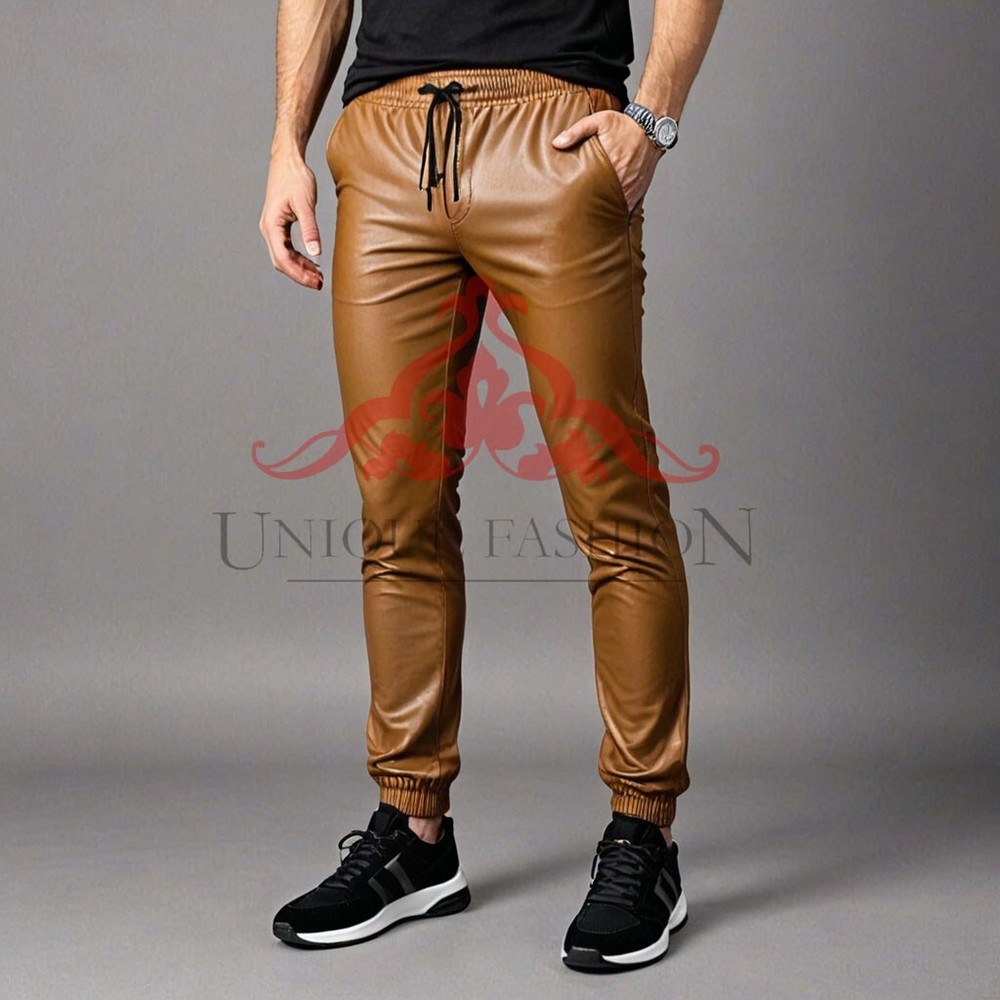 Men's Soft Genuine Leather Light Brown TrackSuit Trouser Jogging Walking Trouser