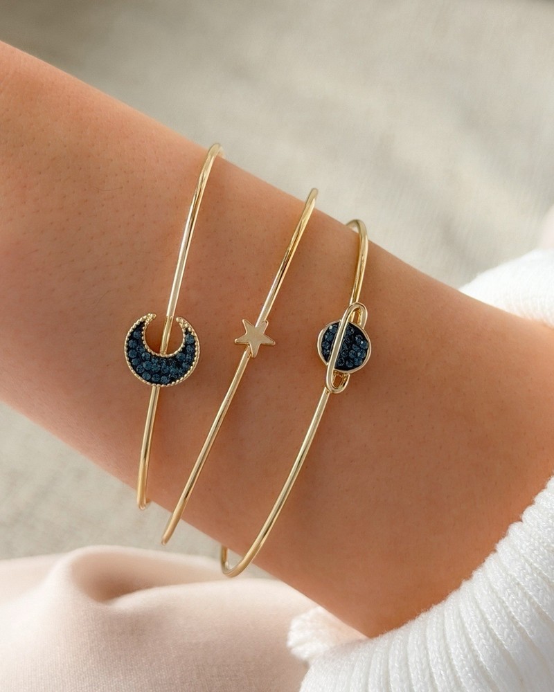 Gold Plated Celestial Bangle Set: Moon, Star & Planet Charm Bracelets
