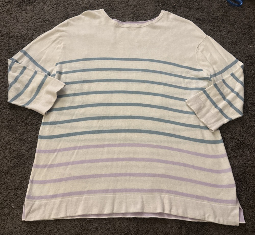 J Jill Womens purple blue White Striped 3/4 Sleeve Shirt Medium