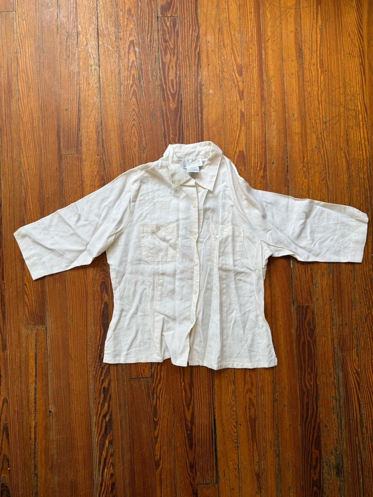 Vintage Ivory 100% Linen Button Up Blouse Women's Size M