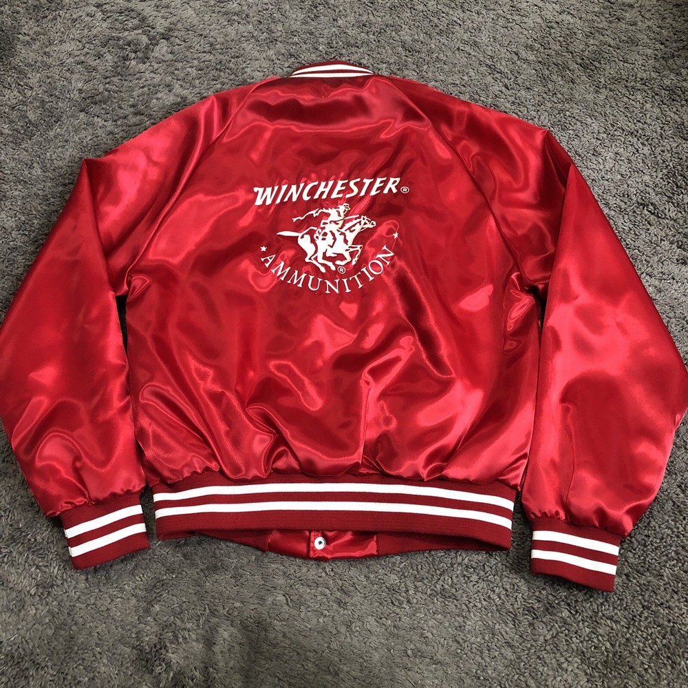 Vintage 80s Winchester Ammunition Satin Bomber Jacket Men Size M Red Chalkline