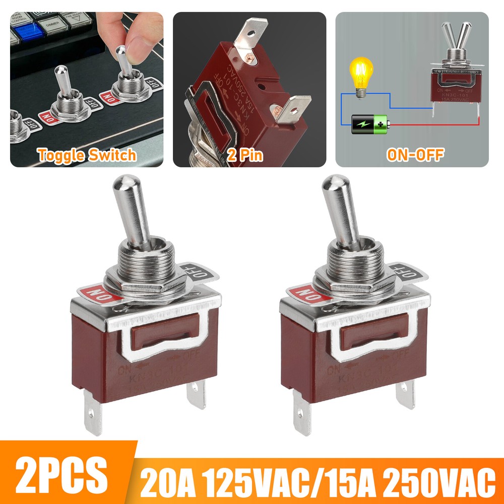 2PCS Heavy Duty Toggle Switch ON/OFF 2 Terminal Car Boat SPST 20A 125V/15A 250V