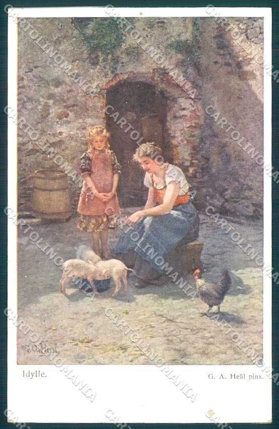 Artist Signed Hessl Pig Lady Girl BKWI 1177 cartolina postcard TW1431