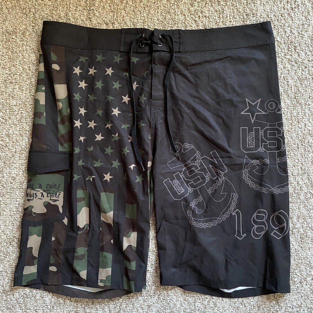Westside Board Shorts USN Navy Chief Mens 42 Black Camo Flag Military Stretch