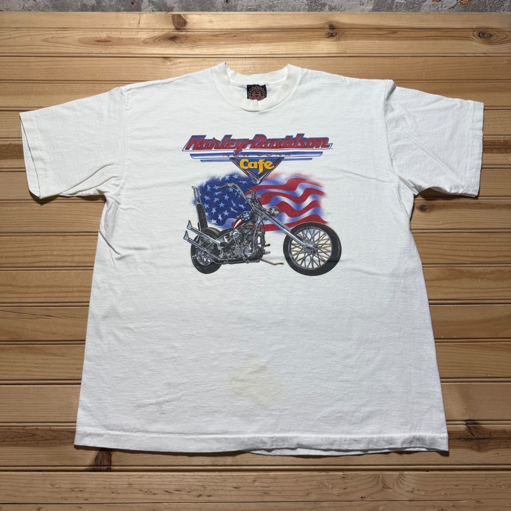 Vintage 90s Harley Davidson New York Cafe Flag Motorcycle T-Shirt USA Made Large