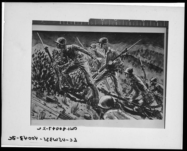 Photo:World War II Soldiers Battlefield Sketch 1940s Military Scene