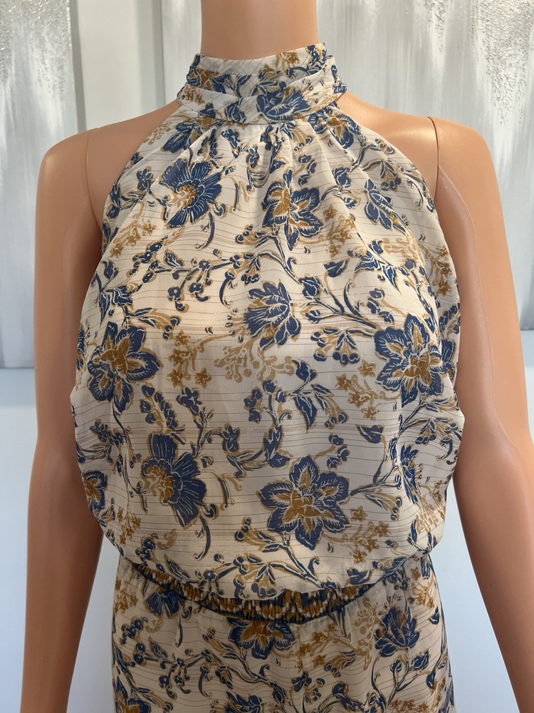 1.STATE Floral Halter Wide-Leg Jumpsuit Beige Blue Women's Size S