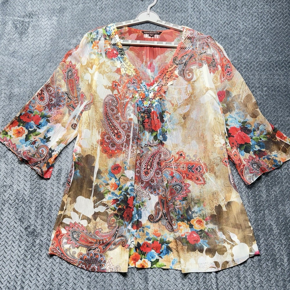 Mushka By Sienna Rose Women’s Tunic Blouse 1X Sheer Boho Paisley Floral Crochet