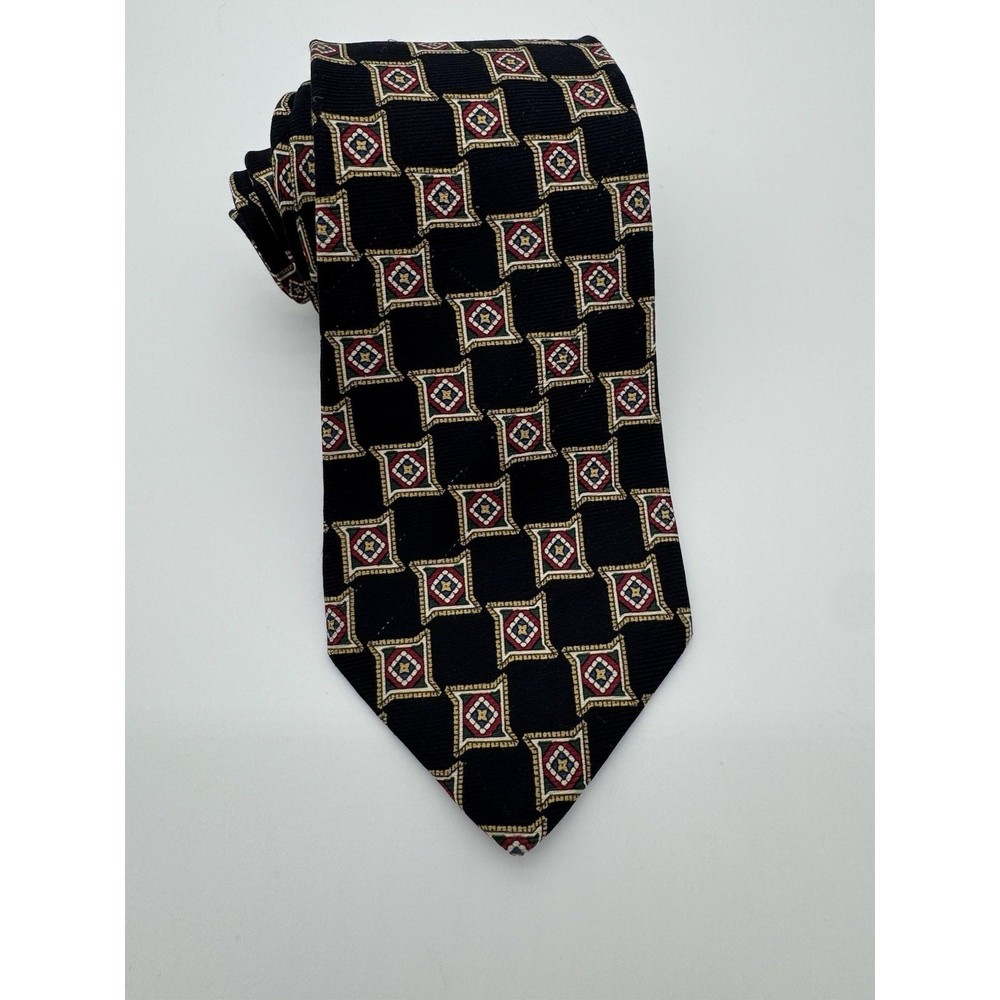 Lands' End Silk Tie Navy Blue Geometric Squares Pattern Classic Mens Necktie USA