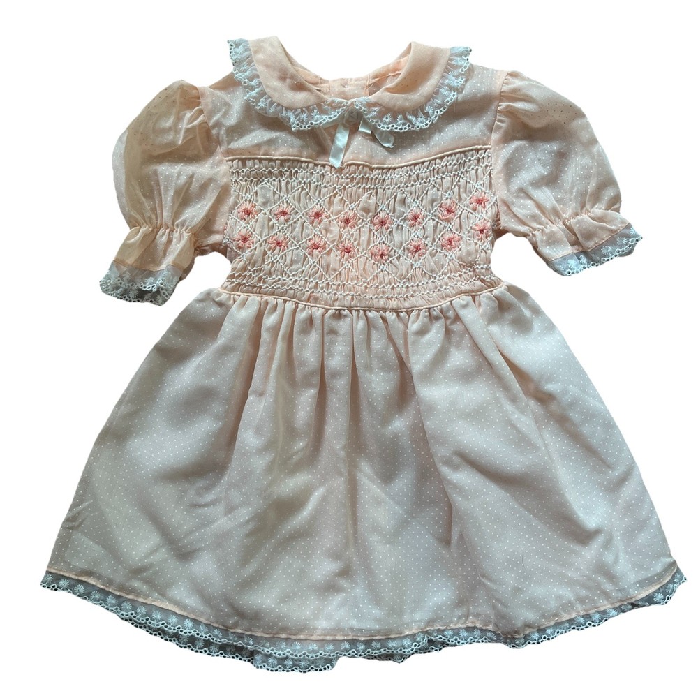 Vintage Polly Finders Peach Girls Dress Size 4T Made In USA Short Sleeve Floral