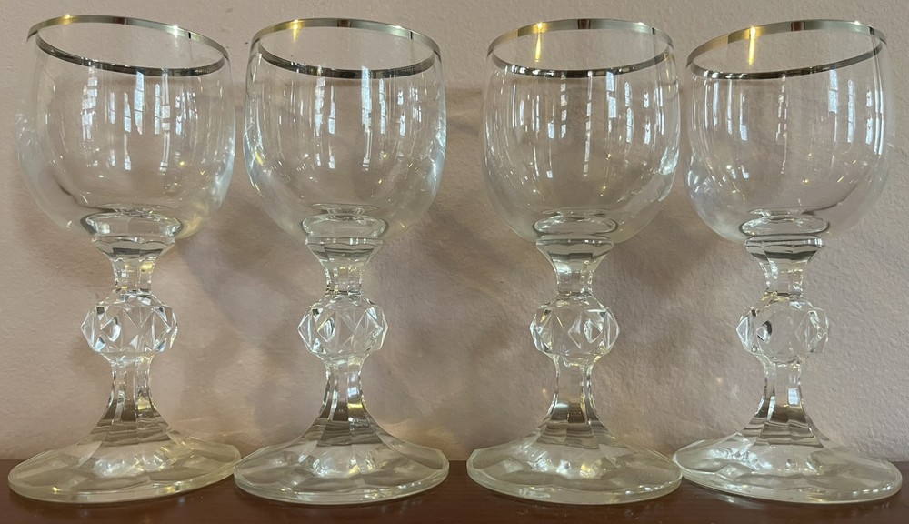 Vintage Set Of 4 Czech Bohemia Crystal Wine Glasses With Silver Trim