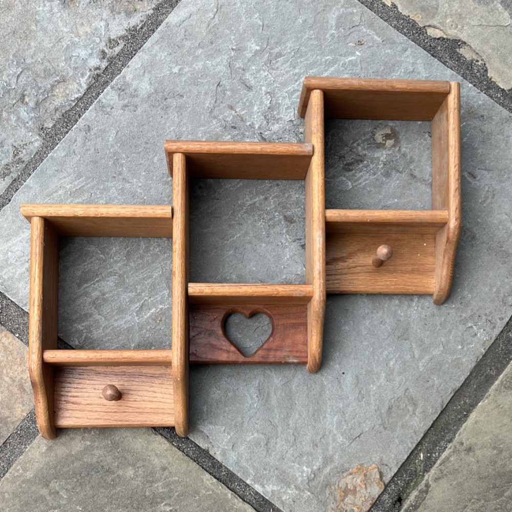 Wood Wall Mounted shelf/Rack with Heart Cutout, Brown, 3 Compartments 2 hooks