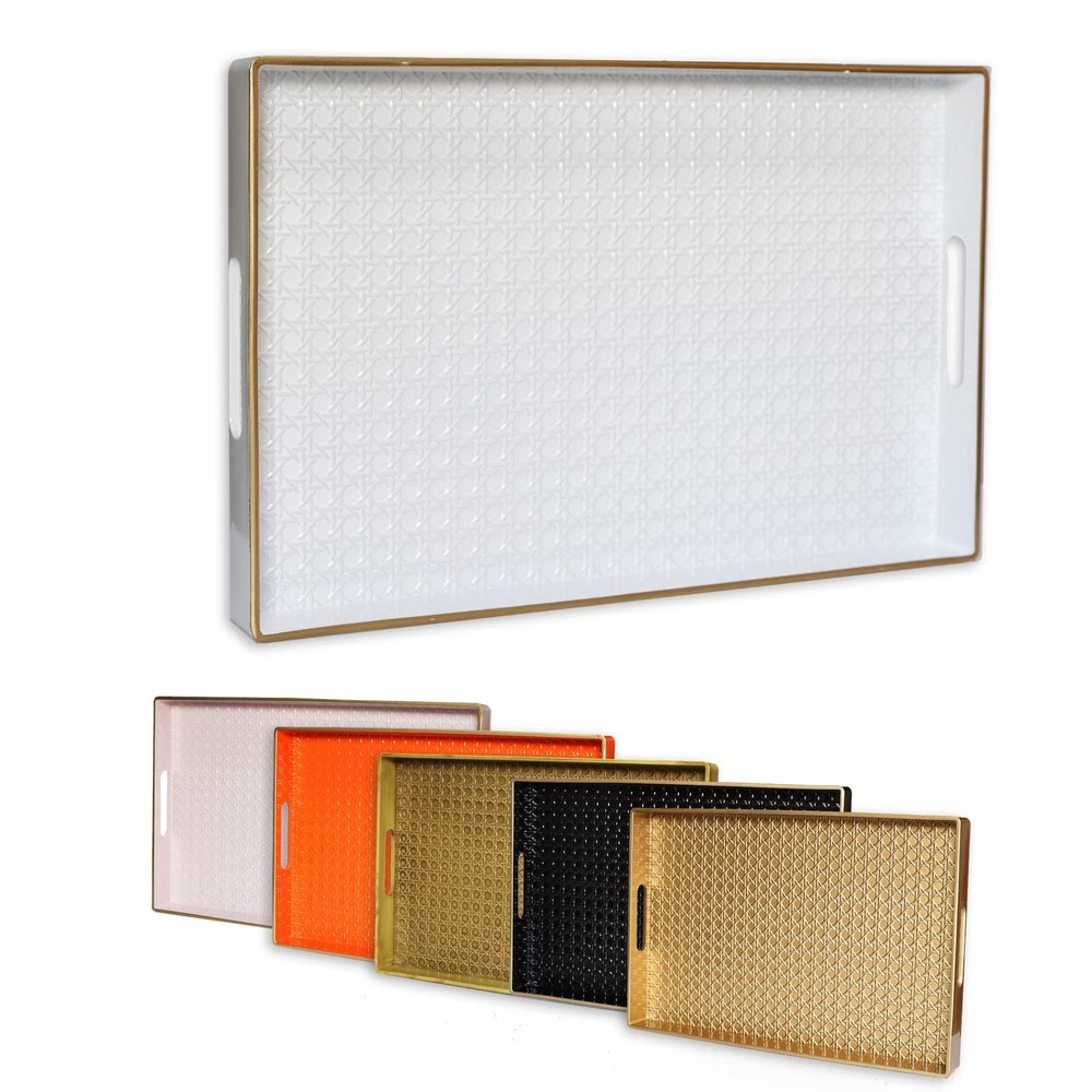 Bandeja Mesa de Centro Decorativa Blanca, Bandeja para Servir Rectangular de Plástico con Han...