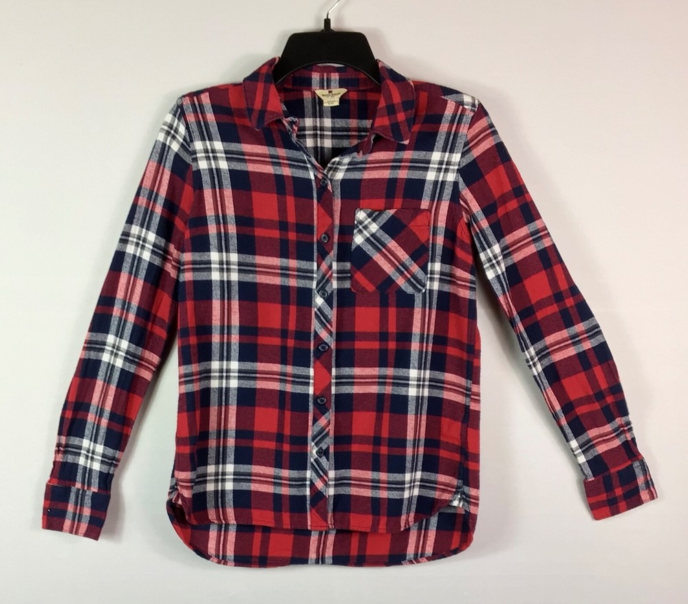 Woolrich Shirt Womens Small Red Blue Plaid Flannel Button Up Long Sleeves Pocket
