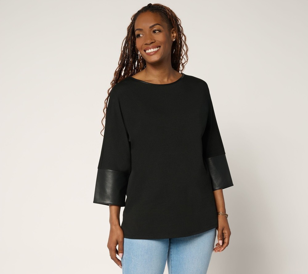 Belle by Kim Gravel Women's Top Sz L TripleLuxe Knit Faux Leather Black A698186
