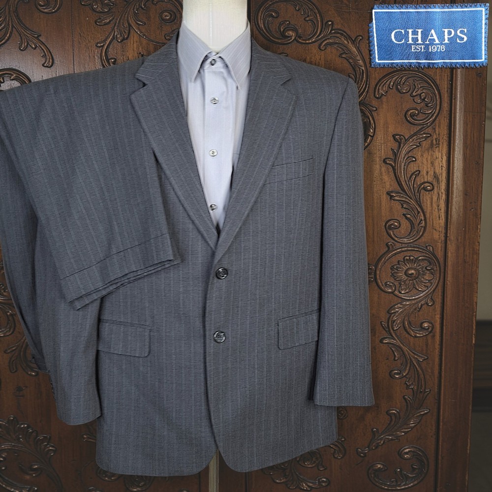 Chaps Suit 2 Piece Mens 44S 36X29 Gray Stripe Single Vented Wool