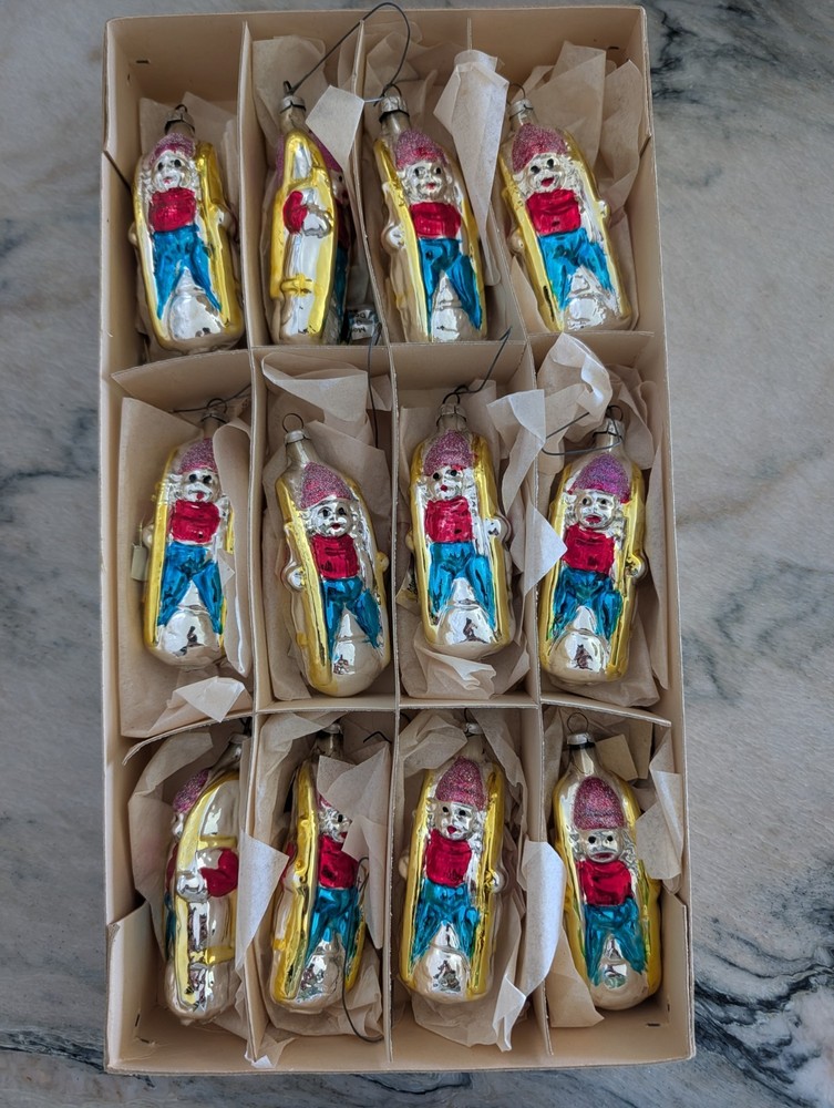 vtg Rare German Democratic Republic Glass Christmas Ornament Boy Sledding 12 pcs
