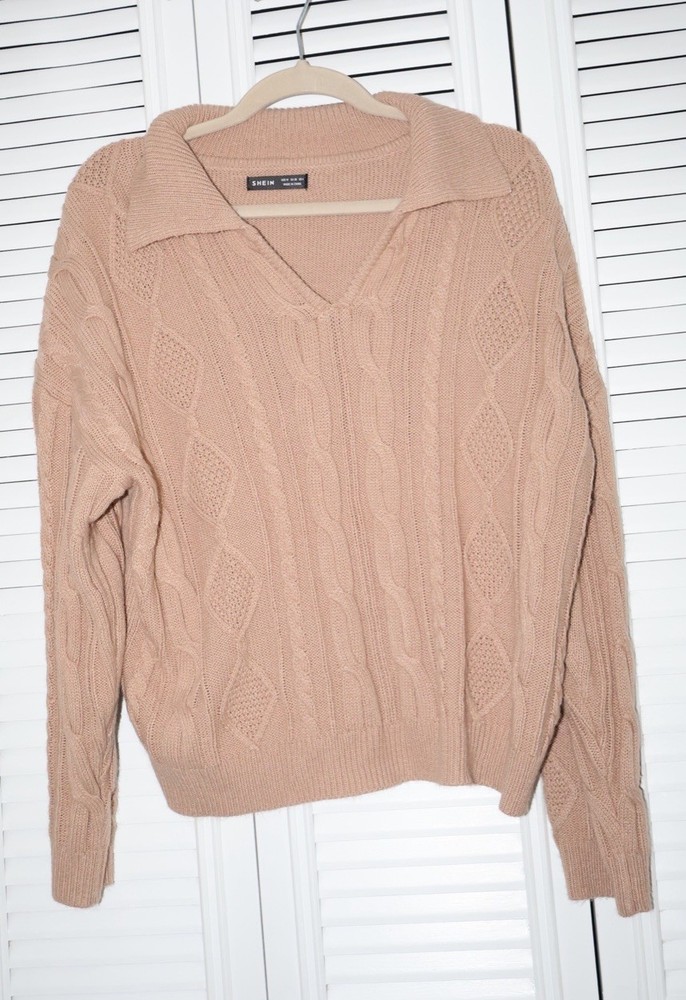 SHEIN Womens Beige Cable-Knit Collared V-Neck Pullover Sweater Long Sleeve M