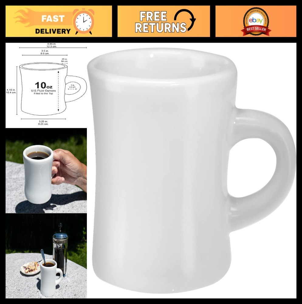 10oz Ceramic Retro Diner Mug - Heavyweight Restaurant Coffee Cup, C-Handle, Whit