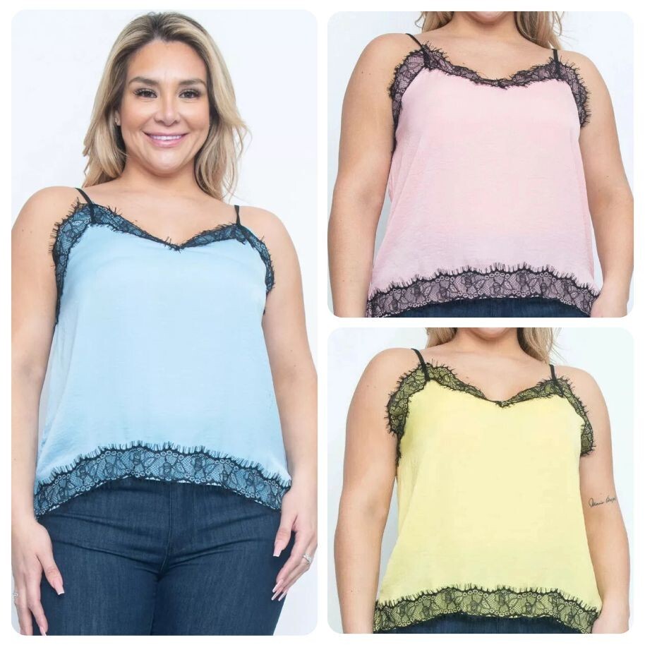 Lot of 3 Pink Yellow Blue TANK TOPS Size 2XL Womens Plus BLACK SPAGHETTI STRAPS