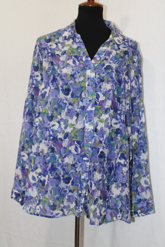 Coldwater Creek 1X 18 Blue Art Hidden Button Tunic Blouse Long Sleeve Silk Blend