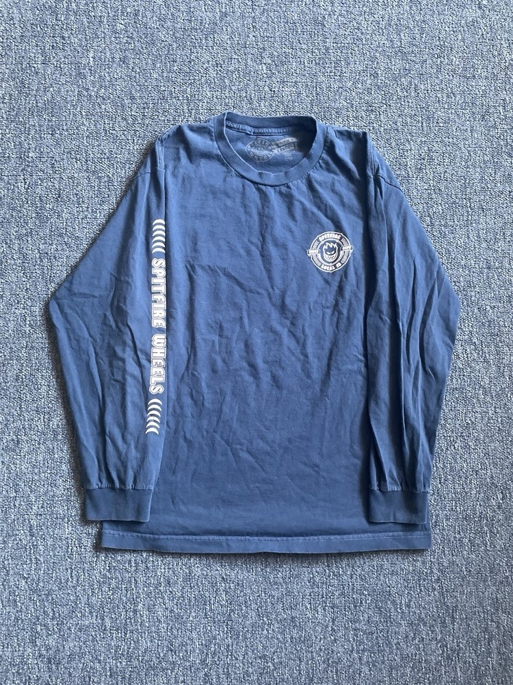 Spitfire Wheels Skate Co. Logo Y2K Mens Large Blue Long Sleeve Shirt Big Graphic