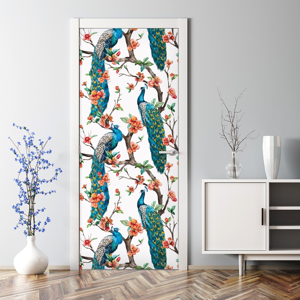 Bubble Free Door sticker Colourful peacocks Watercolour floral Exotic wall decal