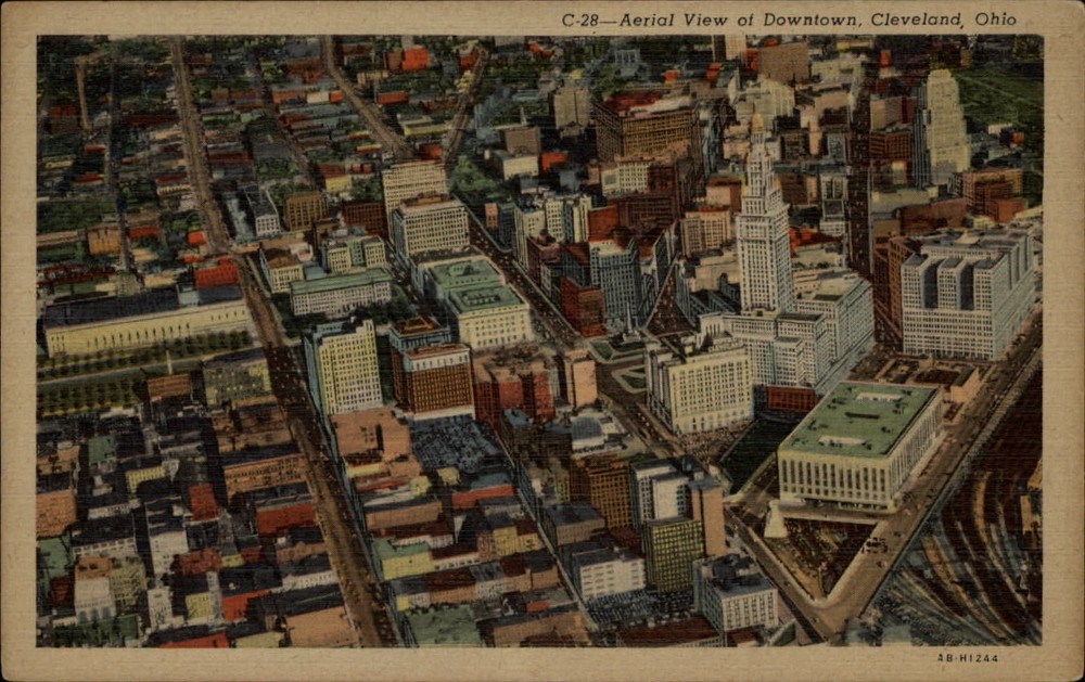 Cleveland Ohio downtown aerial view vintage 1930s linen postcard