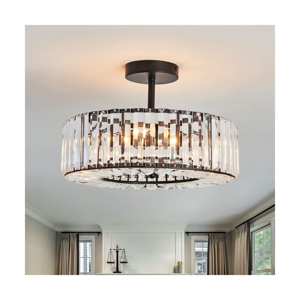 4 Lights Modern Crystal Chandelier Black Round Semi Flush Mount Ceiling Light...