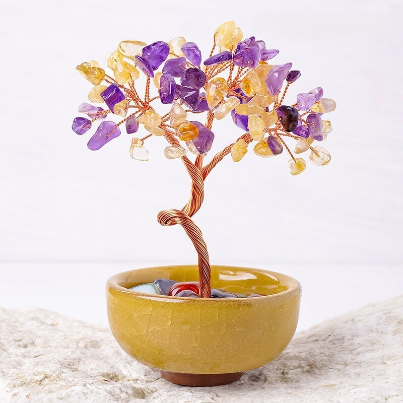 Natural Crystal Money Tree Bonsai Healing Chip Stone Figurine for Wealth Luck