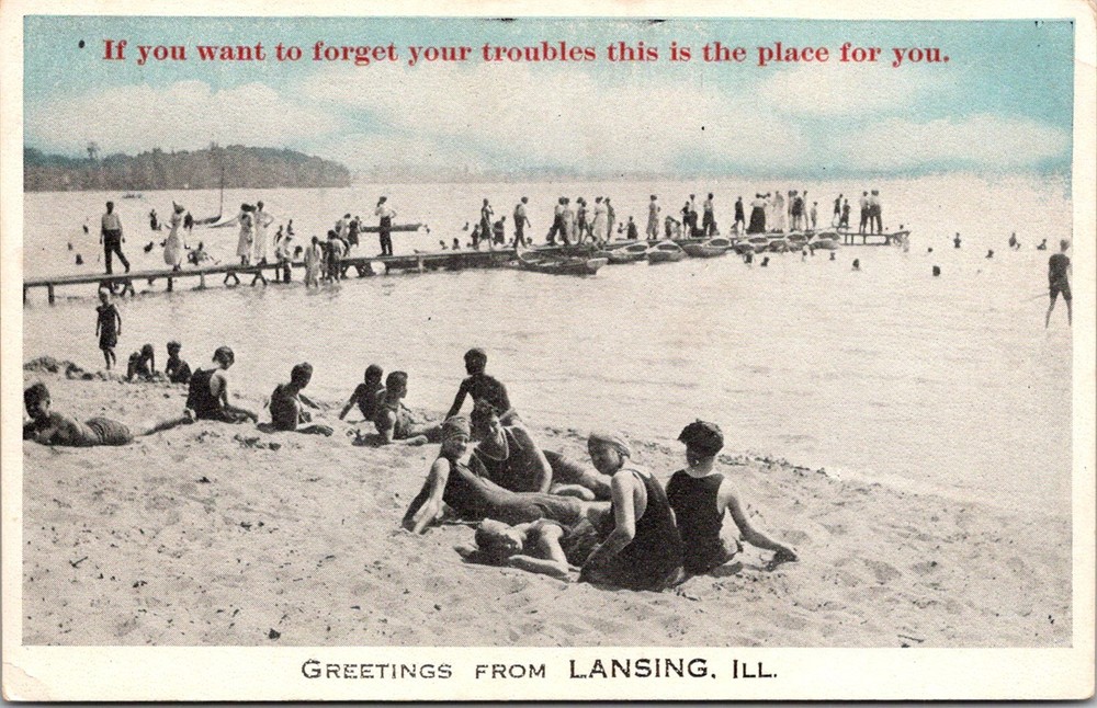 Greetings from Lansing Ill Vintage Postcard Bathers at the Beach