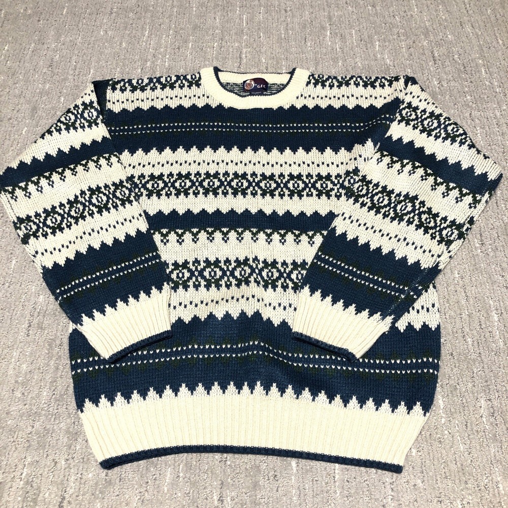 Vintage Aztec Crewneck Sweater Men’s L Striped Cream Blue Green 90s Western