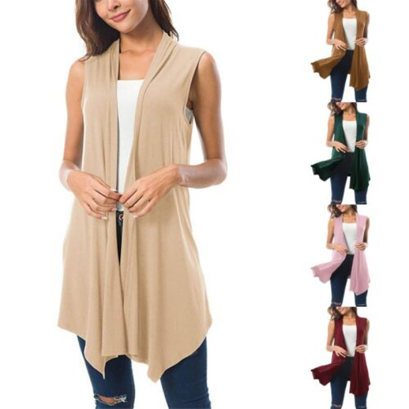 Women's Sleeveless Draped Open Front Cardigan Vest Asymmetric Hem Blouse Tops
