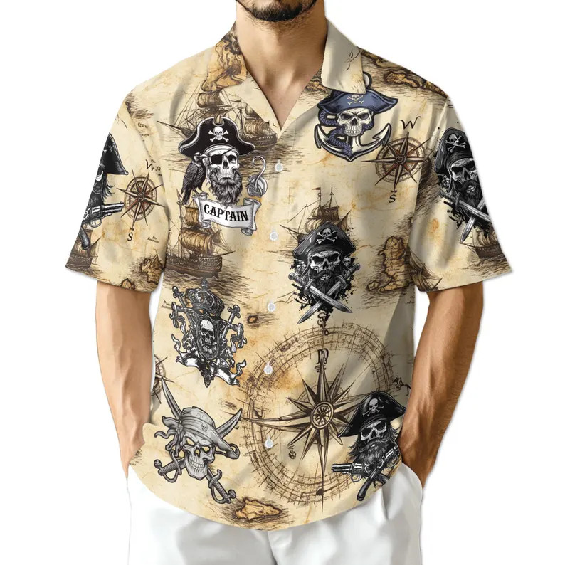 Vintage Pirate Skull Hawaiian Shirt Aloha Mens Womens Beach Retro