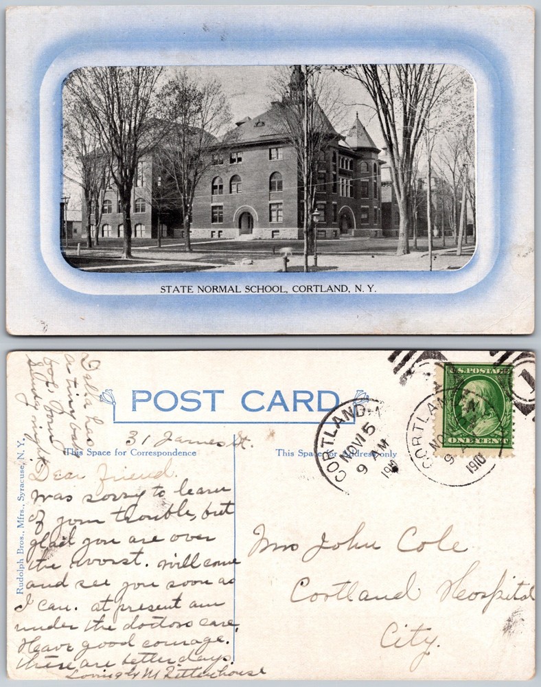 State Normal School Building Trees Cortland NY Postcard