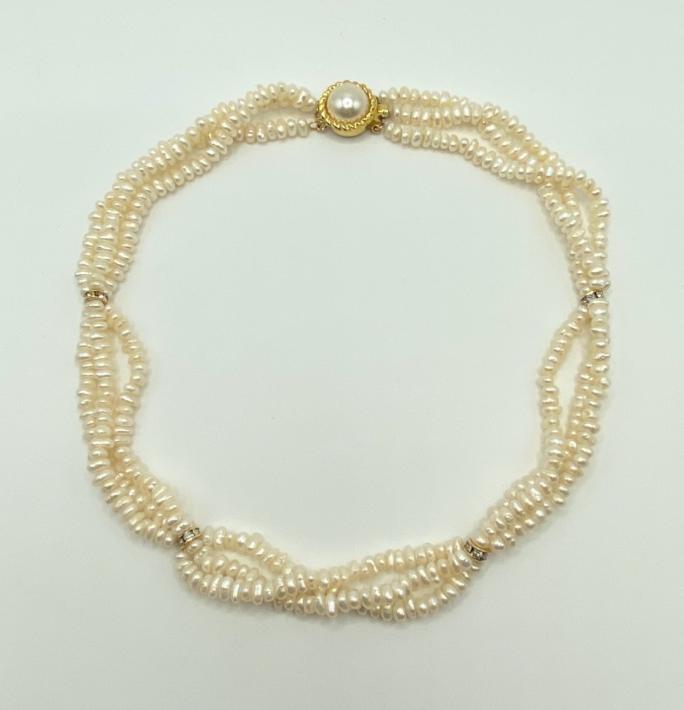 3 Strand Pearl 16” Necklace w/ Sterling Silver 925 & Yellow Gold Vermeil Clasp