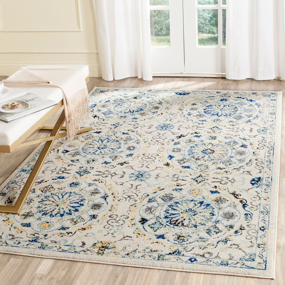 Evoke Collection Accent Rug - 3' x 5', Ivory & Blue, Boho Design, Non-Sheddin...