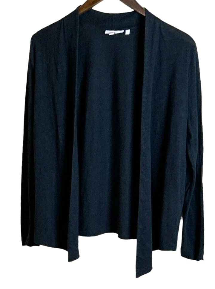 Chico’s Women’s Linen Stub Black Open Front Drape Jacket Lightweight Size 1/US M