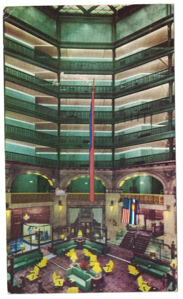 Vintage 1950 Unique Lobby Of Famous Brown Palace Hotel Denver Colorado Postcard